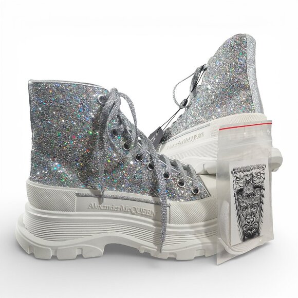 ALEXANDER MCQUEEN TREAD SLICK GLITTER HIGH TOP SNEAKERS  Alexander McQueen Tread Slick Glitter Silver High-Top Boots EU 38 NIB 0588